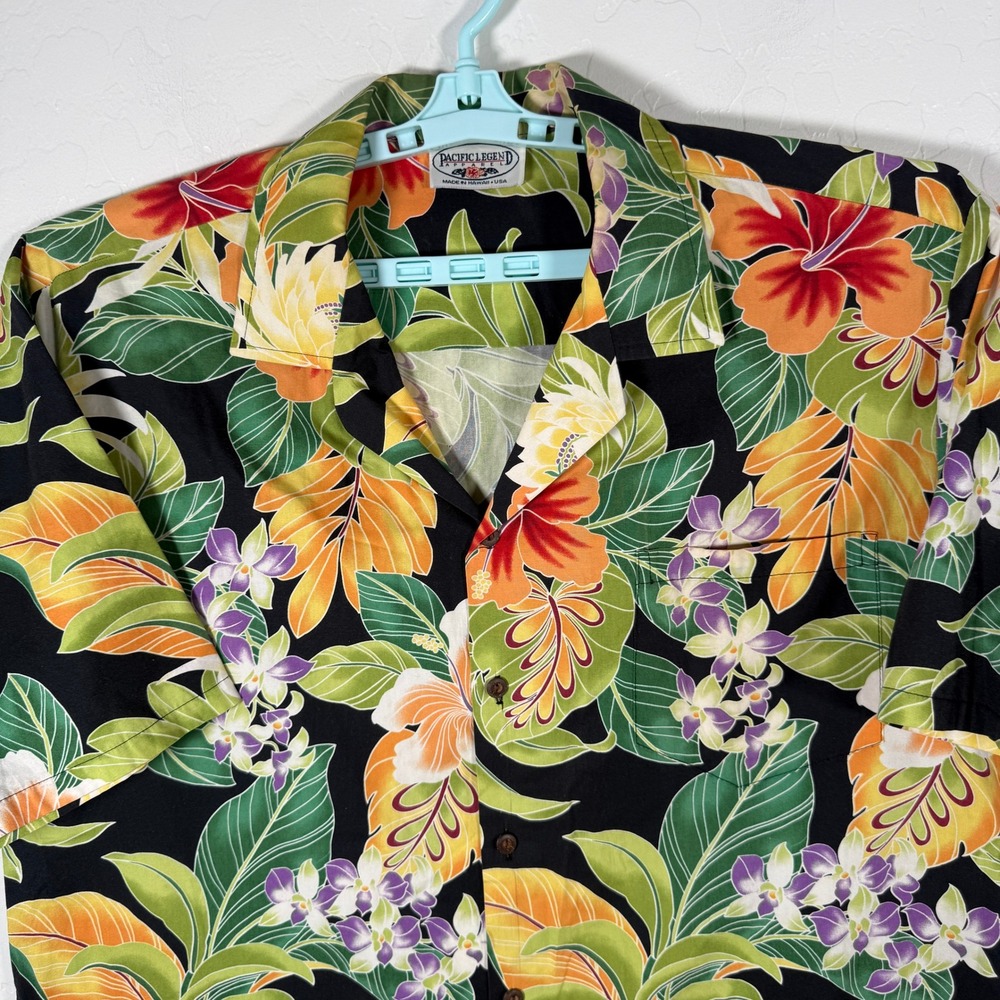 Pacific Legend Shirt Mens XL Black Floral Hibiscus Cotton Aloha Hawaii Vintage